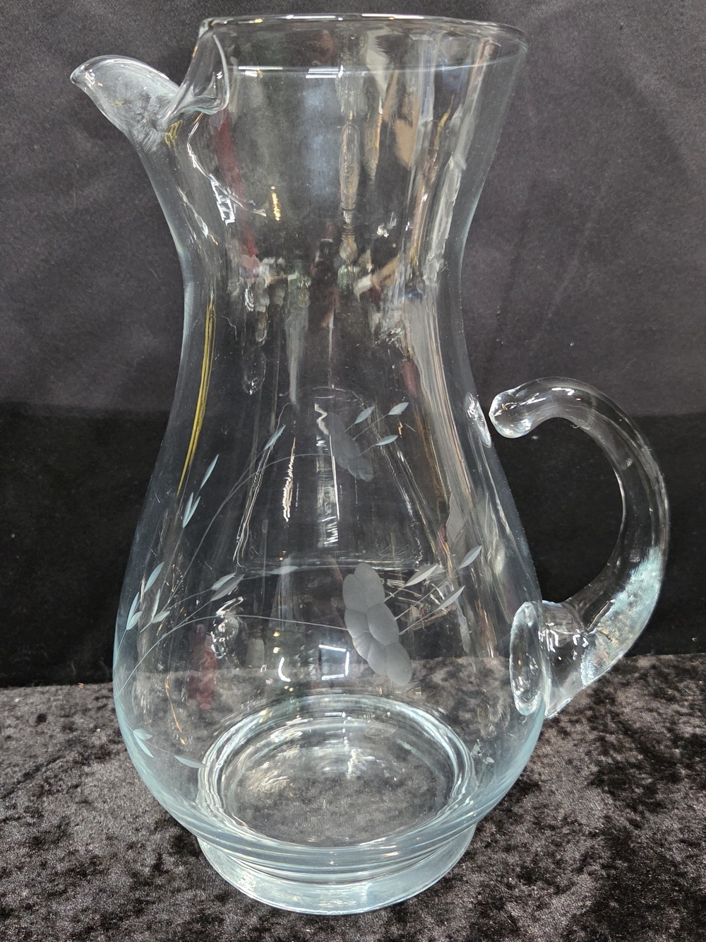 Princess House Heritage Glass Pitcher Hand blown, Etched Floral Design 10.5"